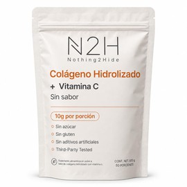 N2H Colágeno Hidrolizado Bovino + Vitamina C, Péptidos de Colágeno Tipo I y III, 500 g, 50 Porciones de 10 g, Sin Sabor Sin Azúcar ni Maltodextrina, Analizado por Laboratorio Externo (Sin sabor, Bolsa, 500g)