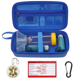 YouKnow Travel Carrying Case for Asthma Inhaler, Inhaler Spacer for Adults and Children, Mask, Inhaler Holder with Asthma Warning Label and Medical Card, with Carabiner (Case Only) (Blue)