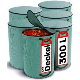 6 x Garden Waste Bags 300 Litres with Lid - Leaf Bag with 4 Tear-Resistant Handles - Stable - Foldable - Reusable - Robust Polypropylene