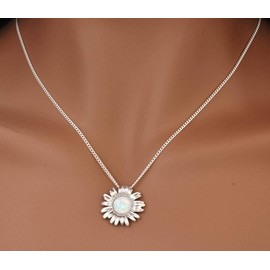 Solid Sterling Silver & OPAL SUNFLOWER DAISY Pendant (Optional Necklace)