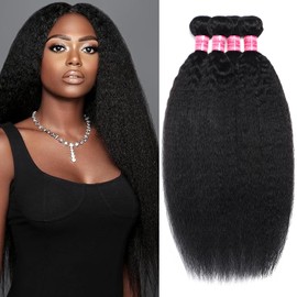 22 24 26 28 Inch Yaki Straight Bundles Human Hair Kinky Straight Human Hair 4 Bundles 12A 100% Unprocessed Kinky Straight Bundles Human Hair Weave Kinky Bundles Human Hair Natural Black