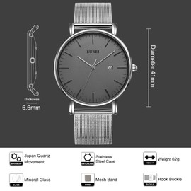 Burei Men's Wrist Watch, Stylish, Minimalist, Ultra Thin Commuter Net Strap, Quartz, Waterproof, Birthday Gift