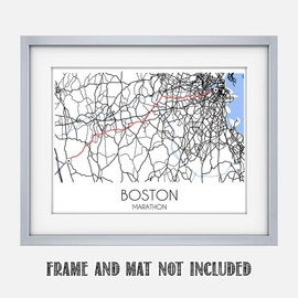 Boston Marathon Patriots' Day Running Race Map, Massachusetts, USA Aerial View Road Map Wall Art Decor - Unframed 11 x 14 Black & White Print - Trail Finisher Souvenir & Race Memory