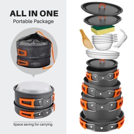 Odoland 15pcs Camping Cookware Non-Stick Lightweight Camping Pots and Pans Set with Plastic Plates Bowls Soup Spoon for Camping, Backpacking, Outdoor Cooking and Picnic