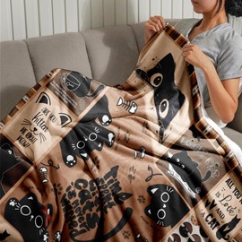 Black Cat Throw Blanket 50x60 inches – Cute Cartoon Kitty Pattern Flannel Blanket for Girls, Women, Cat Lovers – Funny Pet Gift for Birthday, Christmas, or Couch Decor