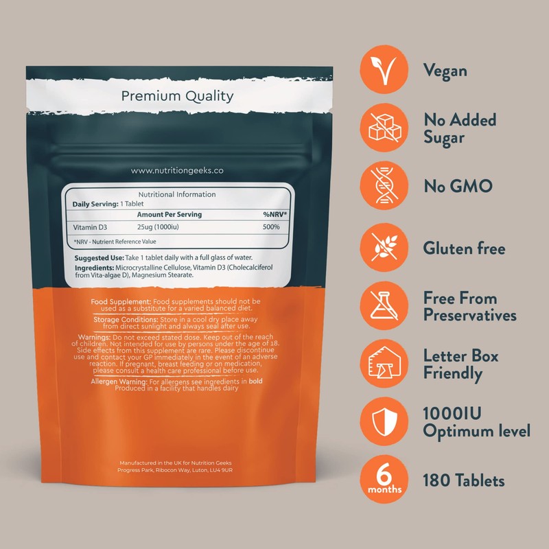 Vegan Vitamin D 1000iu Tablets - 180 Easy-Swallow Plant-Based Algae