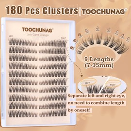TOOCHUNAG Natural Lash Clusters 180pcs Individual Eyelashes Wispy Cluster Lashes 7-15mm C Curl Eyelash Clusters Left&Right DIY Individual Lashes Extension