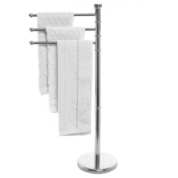 MyGift 38 Inch Silver Metal Freestanding Towel Rack for Bathroom with 3 Swivel Arms and Sturdy Round Base