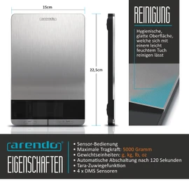 Arendo - Stainless Steel Digital Kitchen Scales - Digital Scales - Maximum Load Capacity 5000 g - Tare Weighing Function - Hold - Overload Display - Touch Control Panel - Automatic Shut-Off - Non-Slip