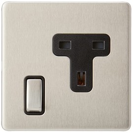 AET SL1GSOCBS Screwless Satin Chrome Flat 1 Gang 13 Amp Socket Black Insert Metal Rocker Switch