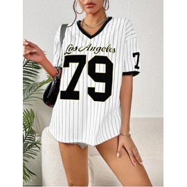 Oversized Jersey Shirts for Women V Neck Tshirt Striped Number Graphic Shirt Casual Y2k Streetwear Tee Tops Black