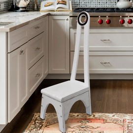 Heavy Duty Kitchen Step Stool with Handle, Besuerte Wooden Stool for Bathroom with 32.75" Tall Handle for Bathroom, Kitchen, No Need to Bend Your Back to Pick Up Single Step Stool (Rustic White)