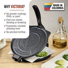 Victoria 8-Inch Cast Iron Tortilla Press HD Spherrous, Commercial-Grade Cast Iron Tortilla Maker, Roti Press, Pataconera Seasoned with Flaxseed Oil, Made in Colombia, Black
