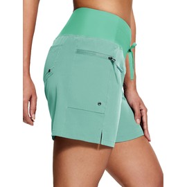 ISEEGZ Women's 5" High Waisted Swim Board Shorts Quick Dry UPF 50+ Womens Swim Trunks Bottoms with Liner Zipper Pockets Mint Green