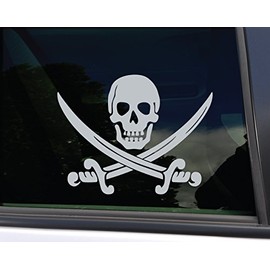 Pirate Skull and Swords Vinyl Decal Laptop Car Truck Bumper Window Sticker, 5.5" x 4.25”, Gray