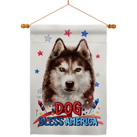 Patriotic Brown Siberian Husky House Flag Dowel Set Animals Dog Puppy Spoiled Paw Canine Fur Pet Nature Farm Animal Creature Small Decorative Gift Yard Banner Made in USA 28 X 40