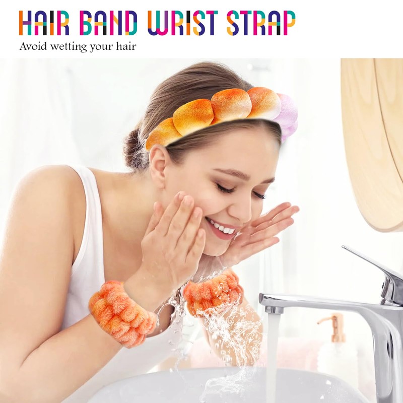Hroevc 4PCS Tie-Dye Spa Headband and Wristband Set for Face