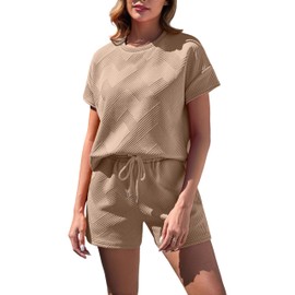 VINTATRE Tracksuits for womens 2 Piece Travel Outfits Tracksuits Short Sleeve Lounge Sets with Pockets Khaki-L