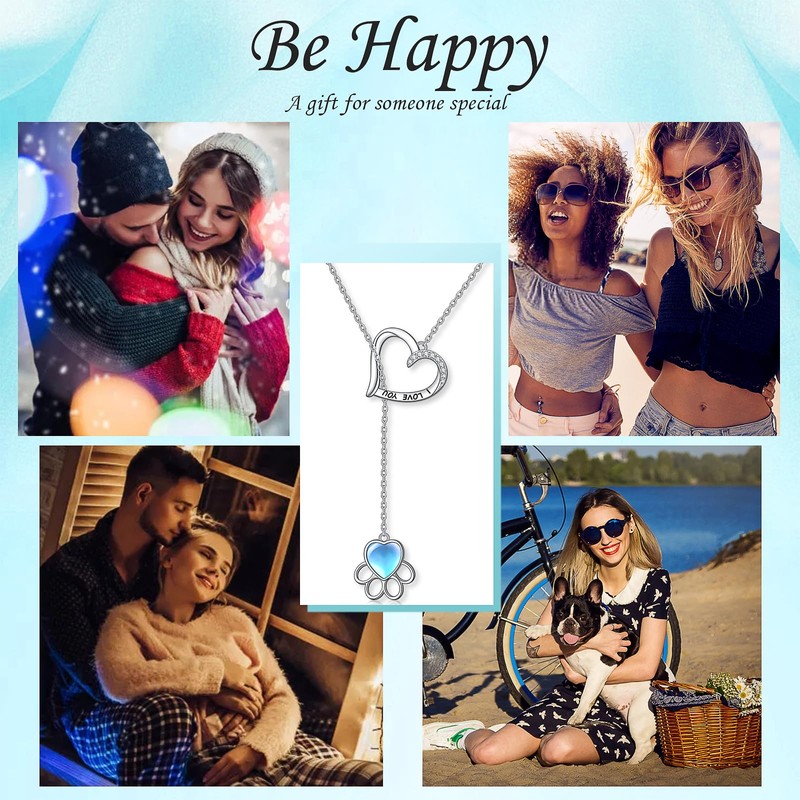 DAOSHANG Sterling Silver Pet Paw Heart Necklace Lariat Y Necklace