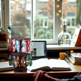 Chunful Sunglasses Organizer 2 Tier 360° Rotating Eyeglass Holder Stand Wooden Eyewear Display Rack with Base Glasses Storage for Multiple Pairs Tabletop Dresser Desk Nightstand (7.87x7.87x15.55)