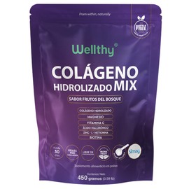 Wellthy Colágeno Hidrolizado Mix 450g Sabor frutos rojos. Reforzado con Magnesio, Vitamina C, Ácido Hialurónico, Zinc y Biotina. Scoop Incluído,...   