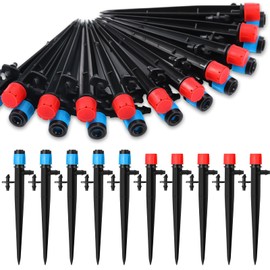SiliFine 32 Pcs Drip Irrigation Emitters Drip Emitters for 1/4 Inch Tubing Irrigation Drippers Sprayer 360 Degree Water Flow Drip for Garden Flower Bed Irrigation System (Red and Blue,Double Hook)