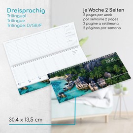 Timr Desk Calendar 2026 Landscape - Weekly Calendar Landscape Format - Table Landscape Calendar 1 Week on 2 Pages D - GB - F I Calendar Motif Caribbean I tr363