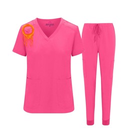 M&M SCRUBS Women's Essential Jogger Scrub Set Nursing Uniform Clearance Cool Stretch Scrub Top and Pant Workwear (Hot Pink, 3X-Large-Petite)