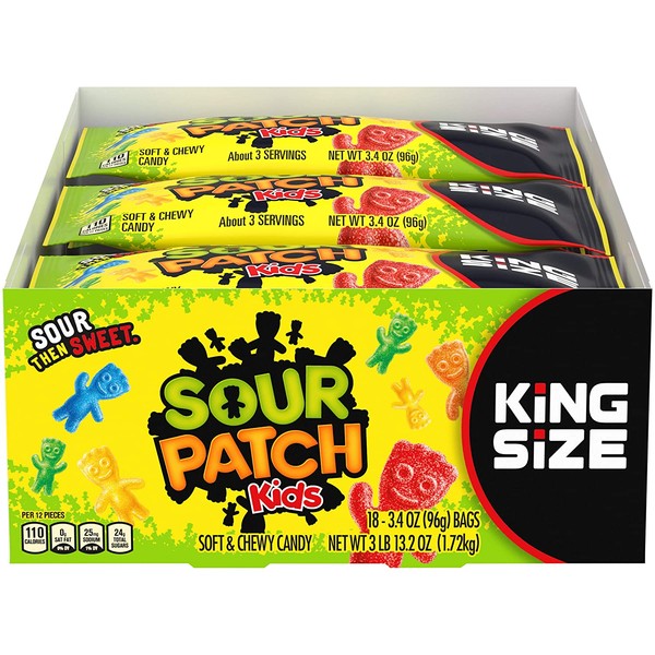 Sour Patch Kids Sweet and Sour Gummy Candy (Original King Size, 3.4 Ounce Bag, Pack of 18)