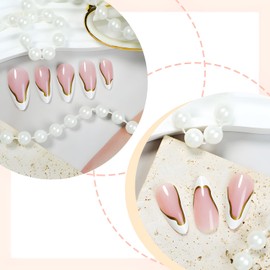 24Pcs Press on Nails Medium Almond Fake Nails White French Tip False Nails Gold Line Stick on Nail with Nude Design Glossy Full Cover Nails Press Ons DIY Acrylic Glue on Nail for Women and Girls