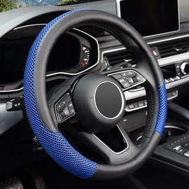KAFEEK Steering Wheel Cover, Universal 15 inch, Microfiber Leather Viscose, Breathable, Anti-Slip,Warm in Winter and Cool in Summer, Black&Blue