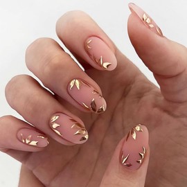 24 Pcs Fall Press on Nails Medium Almond Fake Nails Nude Full Cover False Nails with Gold Leaf Designs Autumn Acrylic Nails Glossy Glue on Nails Winter Stick on Nails for Women Girls DIY Manicure