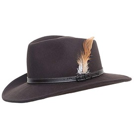 Denton Hats Brown Packable Waterproof Hand Made Fedora Trilby Hat with Leather Band 100% Wool with Removable Feather (XLarge)