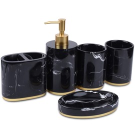 Jung Ford 5-Piece Bathroom Counter Top Accessory Set Including Dispenser for Liquid Soap or Lotion, Soap Dish, Toothbrush Holder and 2 Tumblers, Gold Base, Marble Imitated Resin (Ink Black)