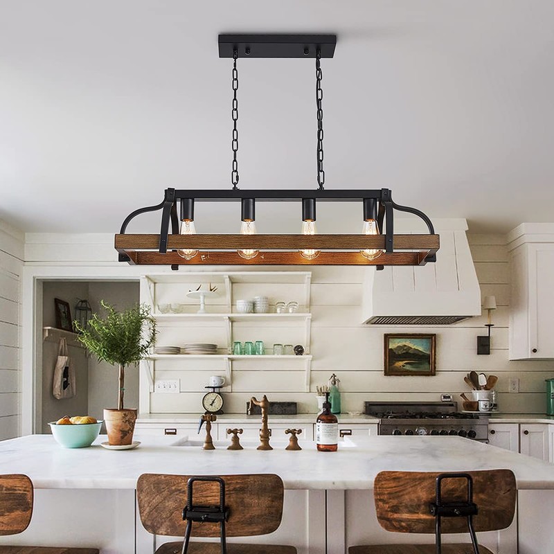 WUZUPS 4-Light Metal Pot Hanging Rack Chandelier Imitation Wood Grain