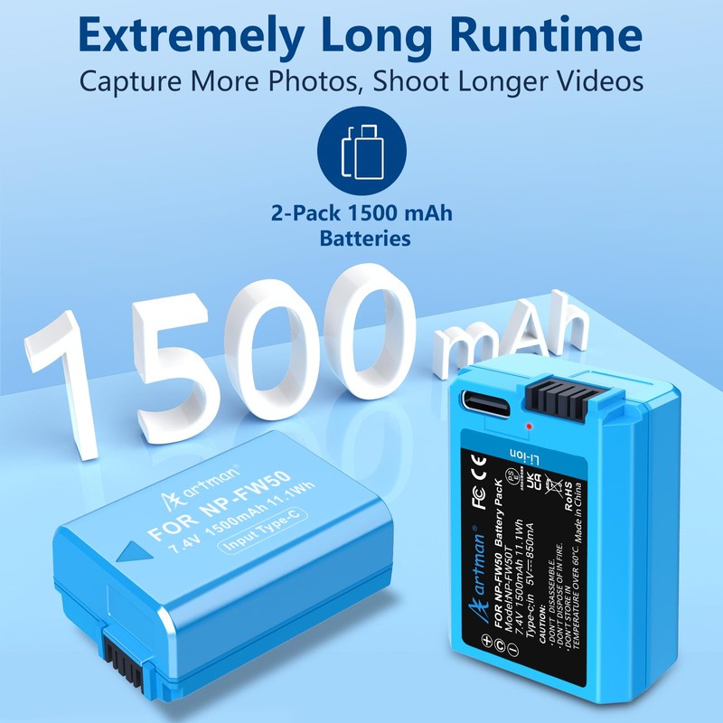 Artman NP-FW50 Battery 2-Pack 1500mAh with USB-C 2in1 Charging Cable