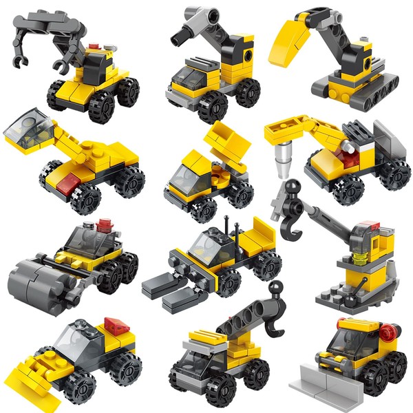 FUN LITTLE TOYS 12PCS Prefilled Easter Eggs with Construction Vehicles Mini Building Blocks, Filled for Egg Hunt Plastic Toys Inside, Basket Stuffers Boys Gifts Kids