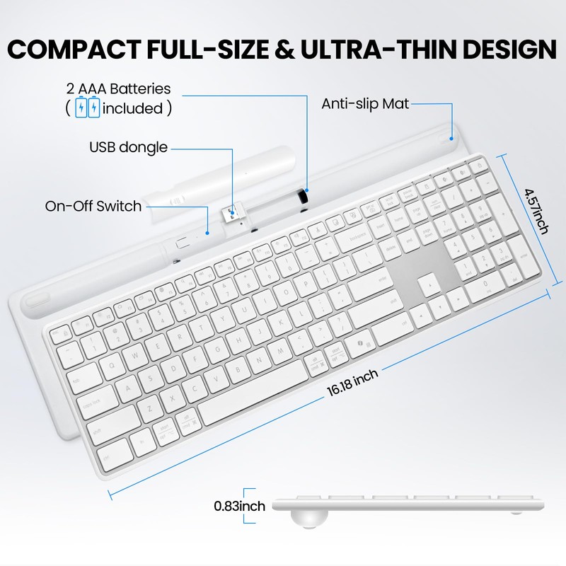 Bnnwa Wireless Bluetooth Keyboard Full-Size Silent Keyboard-Silver White