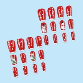 Christmas Snowmen Press on Nails Christmas Tree Fake Nails Medium Coffin False Nails Glossy White Snowing French Tips Stick on Nails for Women Girls 24Pcs