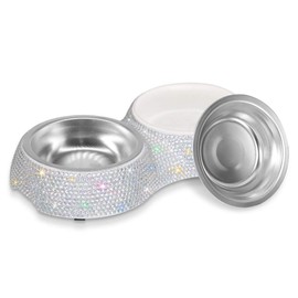 SAVORI Small Dog Bowls, Handmade Bling Rhinestones Stainless Steel Pet Bowls Double Food Water Feeder for Puppy Cats Dogs Cats (AB Color-320ml)