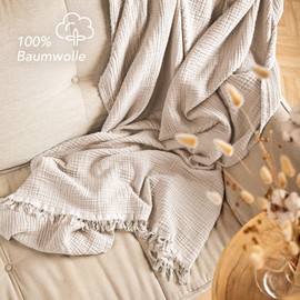 Pure Label Muslin Blanket, 150 x 200 cm, Oeko-Tex Certified Cuddly Blanket Made of 100% Cotton, Muslin Living and Cuddly Blanket for Couch and Sofa in XL, 150 x 200 cm, Colour of Blanket Beige