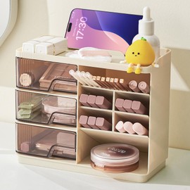 UFORU Makeup Organizer Countertop with 3 Drawers, Multi-Function Desktop Vanity Organizer for Skincare Makeup Brush Lipstick, Bathroom Counter Organizer, Cream White