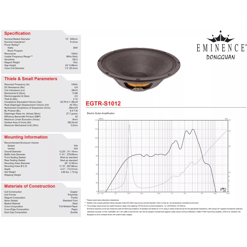 Eminence EGTR-S1012 7912005 12" Guitar Speaker 8 ohm 35 watt