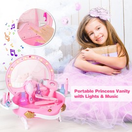Toddler Vanity - Portable Kids Vanity Set with Mirror & Makeup Accessories, Lights and Music, Makeup Kits Princess Toys for Girls Aged 3+
