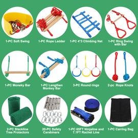 65FT Ninja Warrior Obstacle Course for Kids with 12 Obstacle Course Accessories-Swings, Monkey Bars, Arm Trainers and More, Suitable for Boys and Girls Over 3 Years Old-440 lbs Weight Capacit