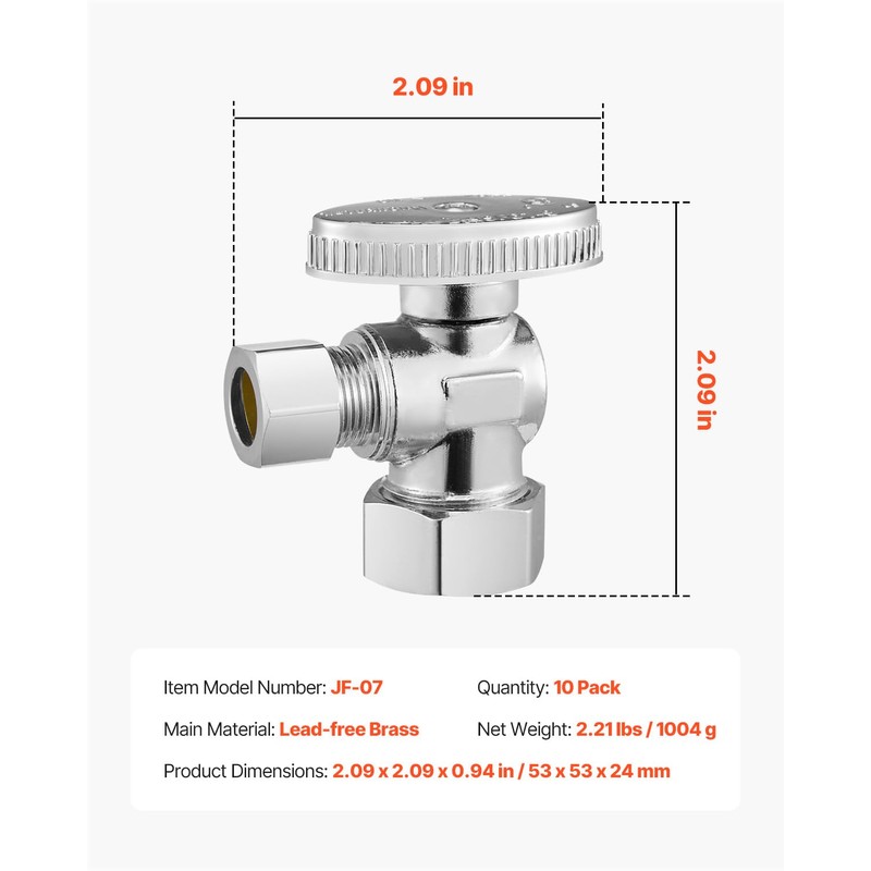 VEVOR 10-Pack Angle Stop Valve, 1/4 Turn Water Shut Off