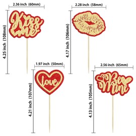 Gyufise 24Pcs Valentine's Day Cupcake Toppers Gold Red Glitter Heart Be Mine Kiss Me Lipstick Cupcake Picks Valentine's Day Theme Wedding Engagement Bridal Shower Birthday Party Supplies