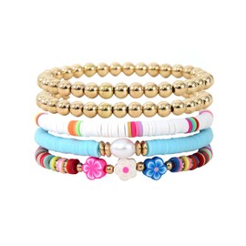 COLORFUL BLING Heishi Surfer Beaded Stretch Bracelets Set for Women Layered Stackable Clay Beads Flowers Bracelets Friendship Boho Summer Beach Hawaiian Jewelry-gold beads