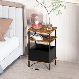 Newmics Small Side Table with Charging Station, End Table for Small Spaces, Slim Nightstand with Outlet,Sofa Beside Table, 3-Tier Storage Shelf,Living Room, Bed Room, Rustic Brown