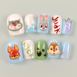 Nails Handmade Press On Short Square Blue White Cartoon Design Kawaii Cute False Nail Tips 10 Pcs Set Size M